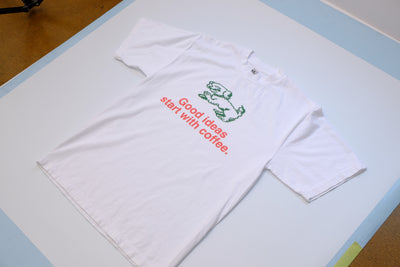 Good Ideas Start With Coffee Doggie 6.5oz Heavyweight White T-shirt Made in USA